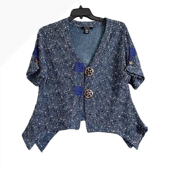 Kaktus Womens Open Weave Blue  Cream Button Down V Neck Top Size Large - Picture 1 of 8